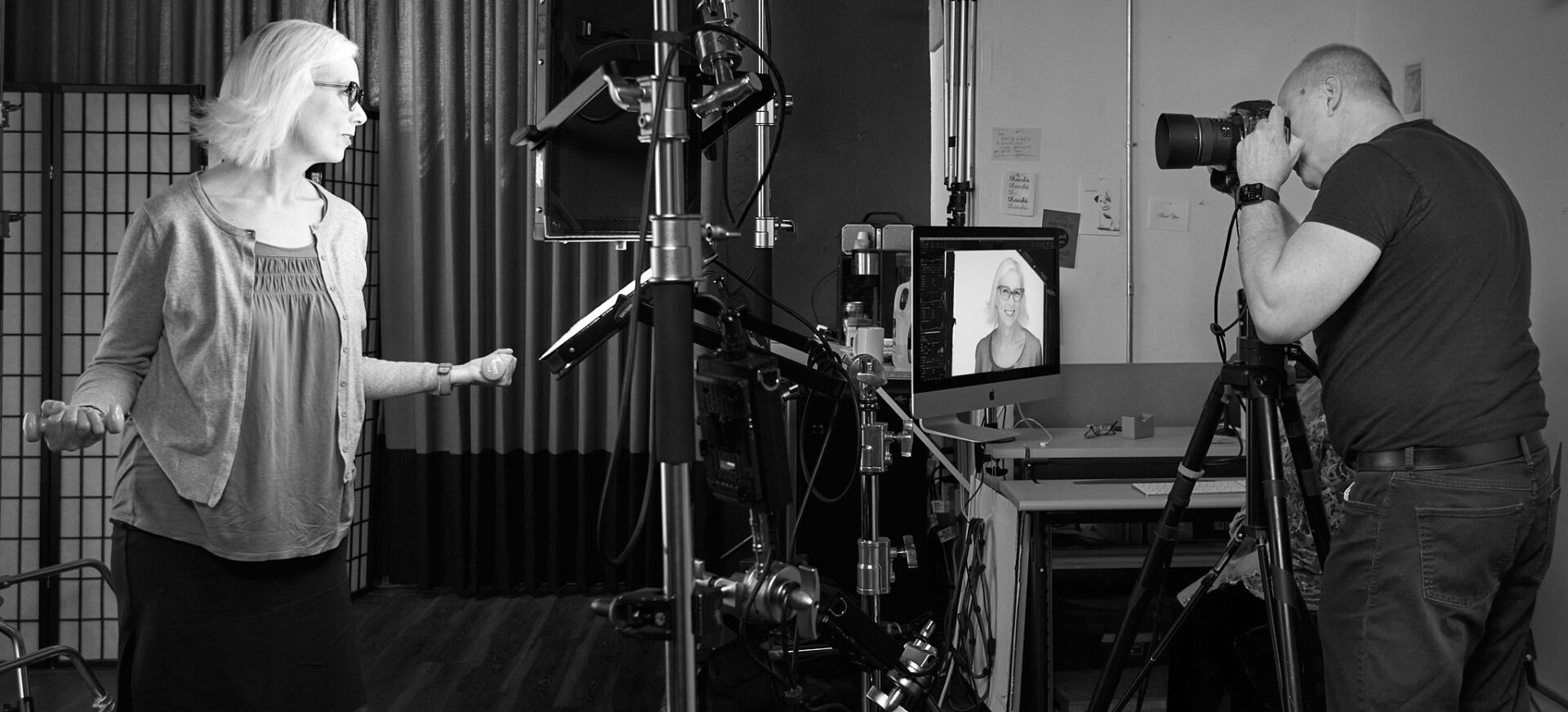 Dean Birinyi photogrpahing Monica Kibbe in his Palo Alto photo studio