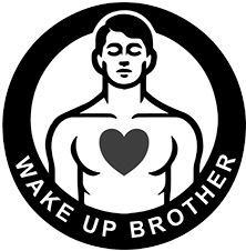 Wake Up Brother logo featuring illustrated man with blue heart in circular emblem