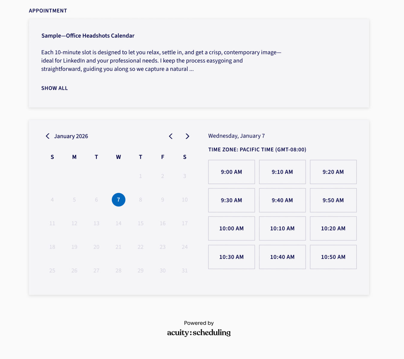 A sample view of the company-branded group headshot scheduling calendar showing date options and available 10-minute appointment times for employees in Palo Alto and Silicon Valley offices.
