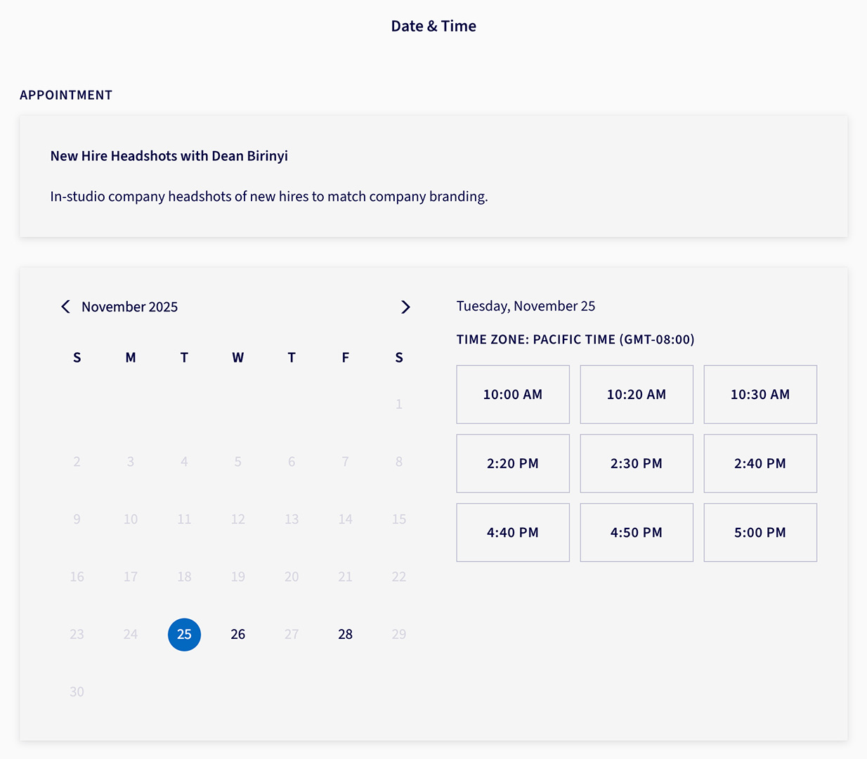 Desktop view of the scheduling interface used by new hires to book their headshot appointment in Palo Alto.