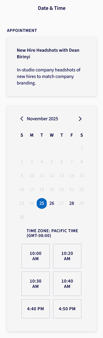 Mobile view of the headshot scheduling interface used by new hires in Silicon Valley.