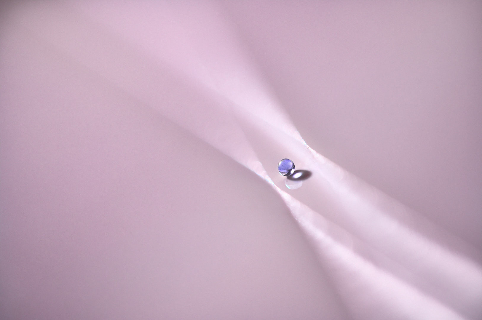 A tiny transparent bead with a dark oval shadow sits where two pale diagonal acrylic edges converge against a softly blurred pink field.