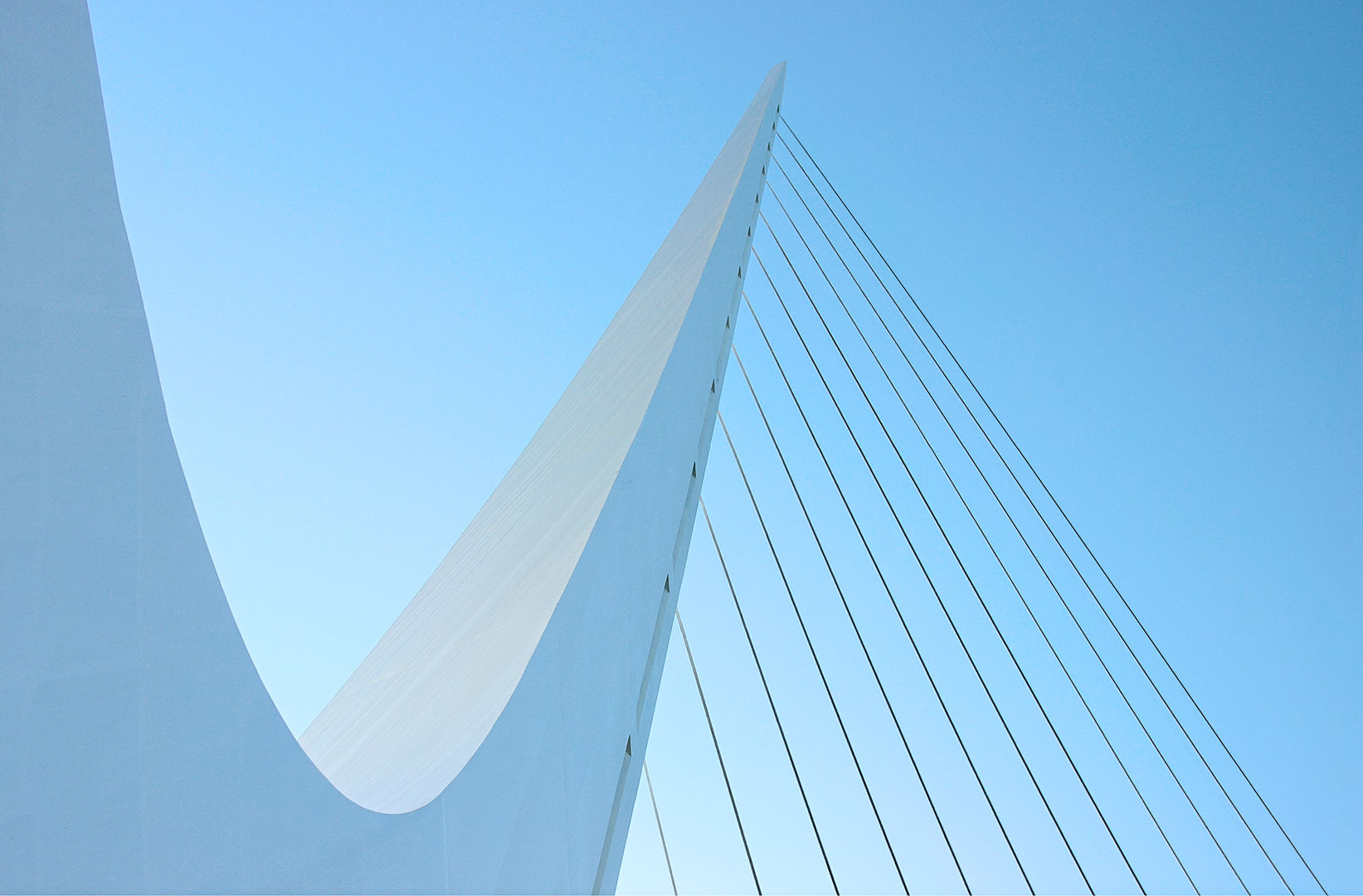 Upward view of the Sundial Bridge showing a sweeping white spire and parallel suspension cables against a pale blue dawn sky.