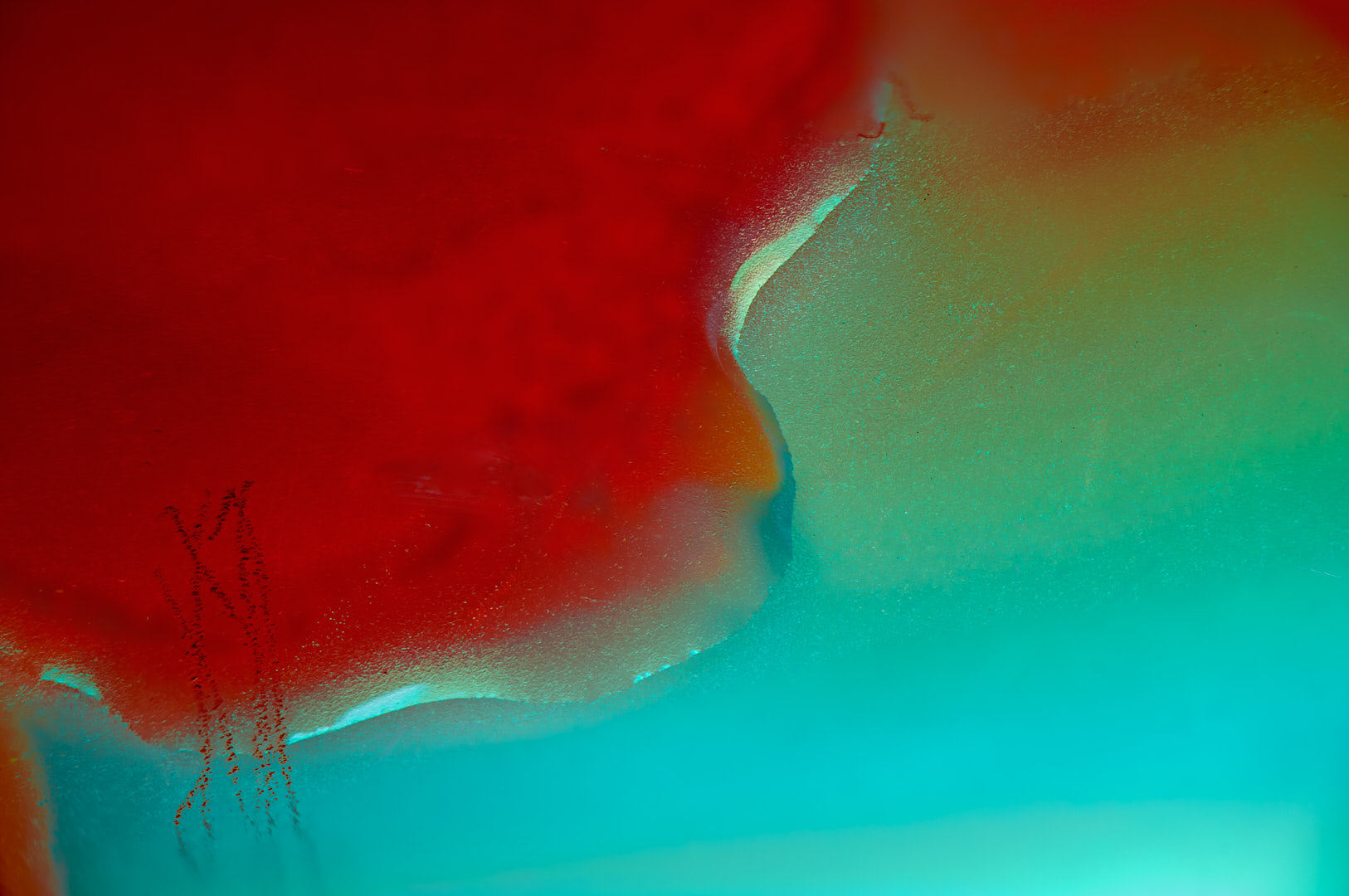 Abstract photograph of saturated red and turquoise fields separated by an irregular curved boundary, with dark scratch-like marks near the lower left.