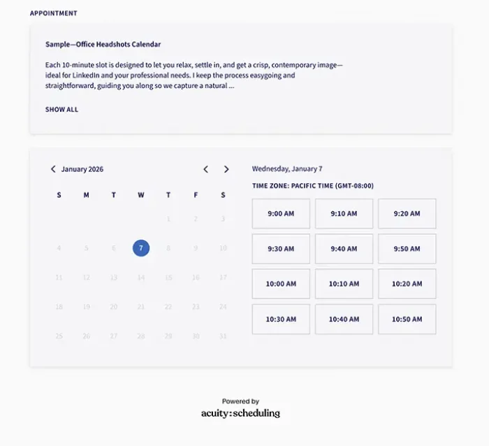 A sample view of the company-branded group headshot scheduling calendar showing date options and available 10-minute appointment times for employees in Palo Alto and Silicon Valley offices.